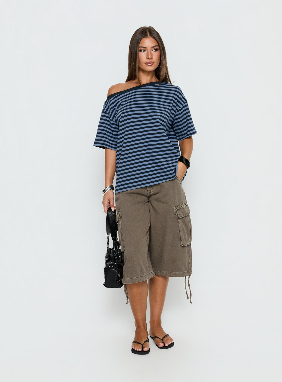 Settle Down One Shoulder Oberteil blaue Streifen