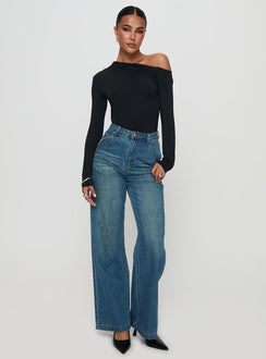 side view of model wearing Princess Polly Antilles One Shoulder Bodysuit Black Long Sleeve Tops Bodysuit 