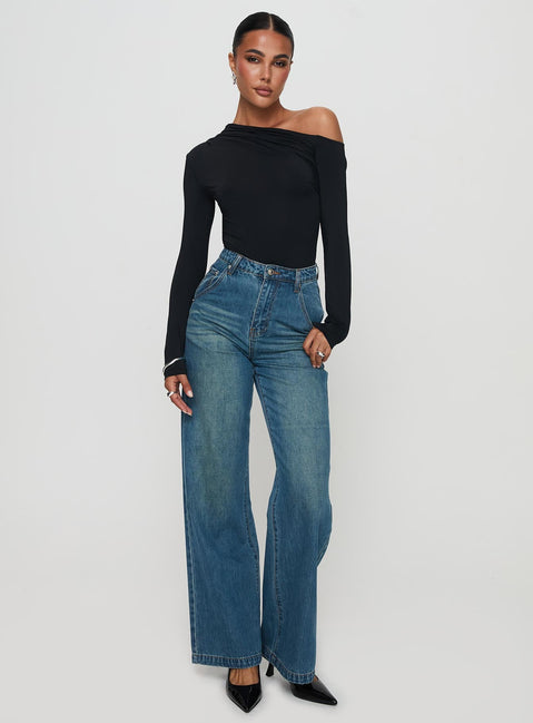 side view of model wearing Princess Polly Antilles One Shoulder Bodysuit Black Long Sleeve Tops Bodysuit 