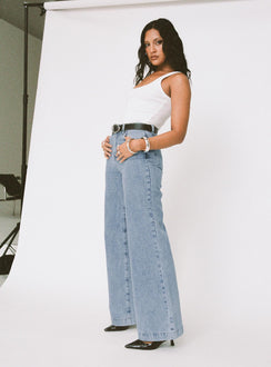 side view of model wearing Princess Polly Goldie High Wide Jean Light Wash High Waisted 