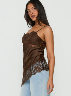 Cleosa asymmetrisches Satin-Top mit Spitzenbesatz, Schokobraun