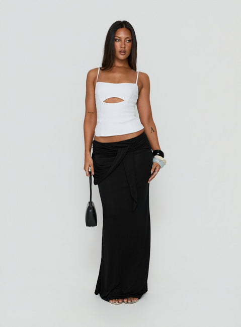 Showcasing the Samelia Wrap Maxi Skirt Black womens-skirts in maxi length front view of model wearing Princess Polly