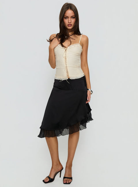   front view of model wearing Princess Polly Rosemead Satin Midi Skirt Black Midi Skirts 