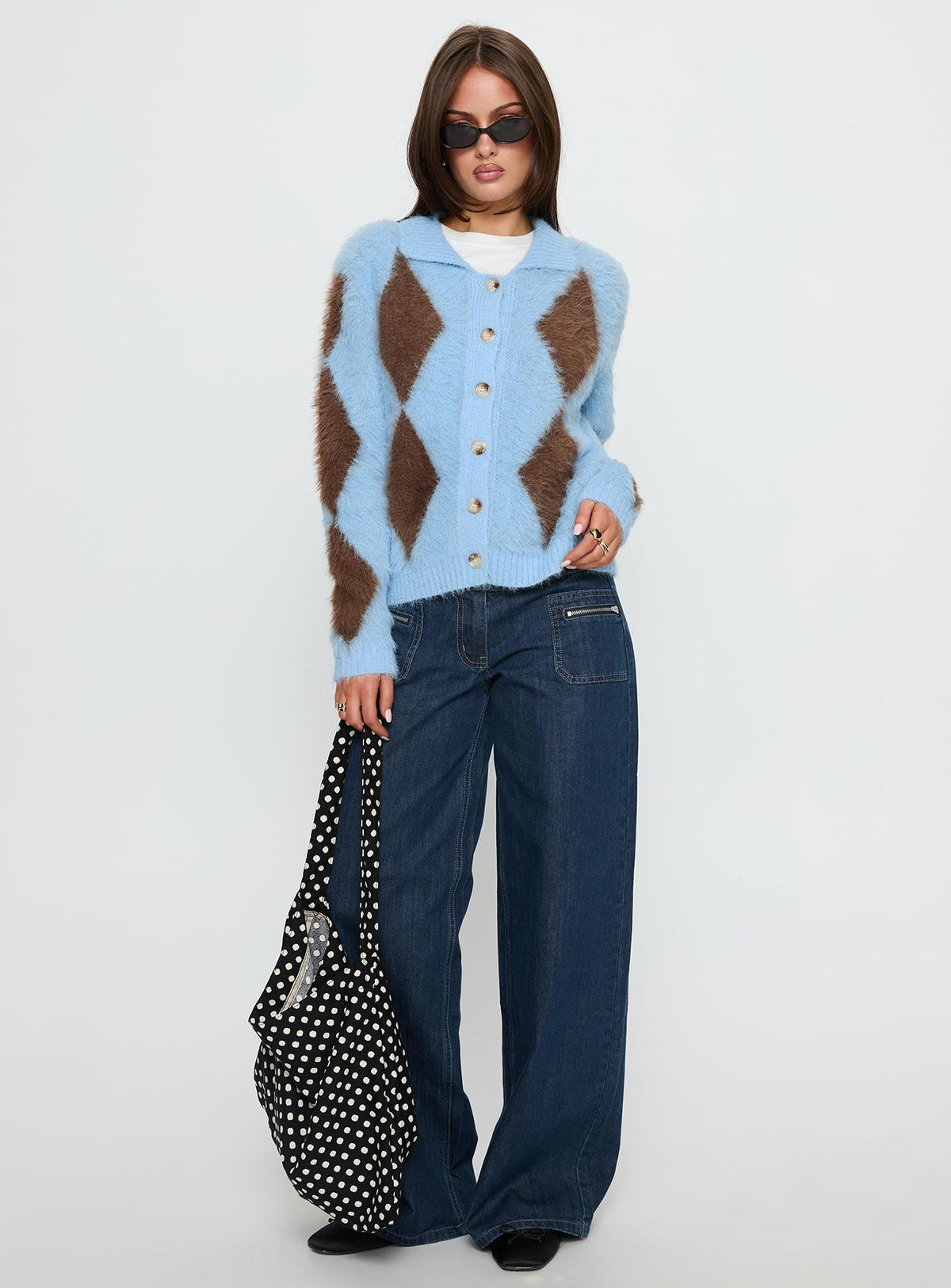 front view of model wearing Princess Polly Lynnsey Fluffy Collared Knit Sweater Blue Argyle Cropped 
