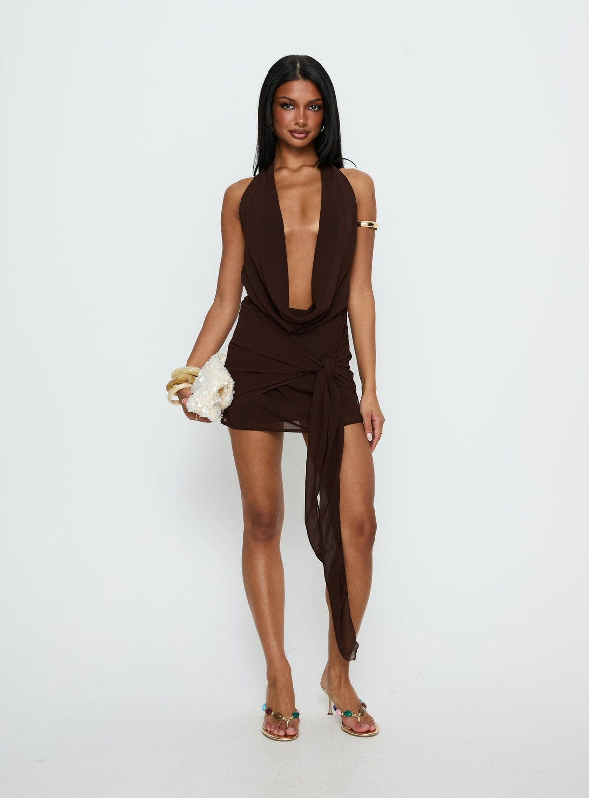 Snakepit Neckholder Plunge Minikleid Schoko