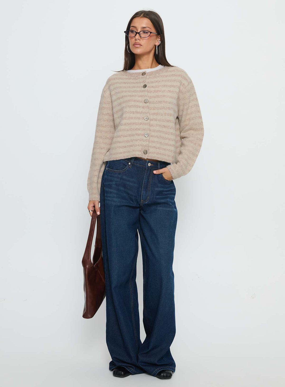 front view of model wearing Princess Polly Raynna Button Up Cardigan Beige Stripe Cropped Jumpers 
