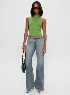 front view of model wearing Princess Polly Girl Almighty Top Green Sleeveless Crew Neck 