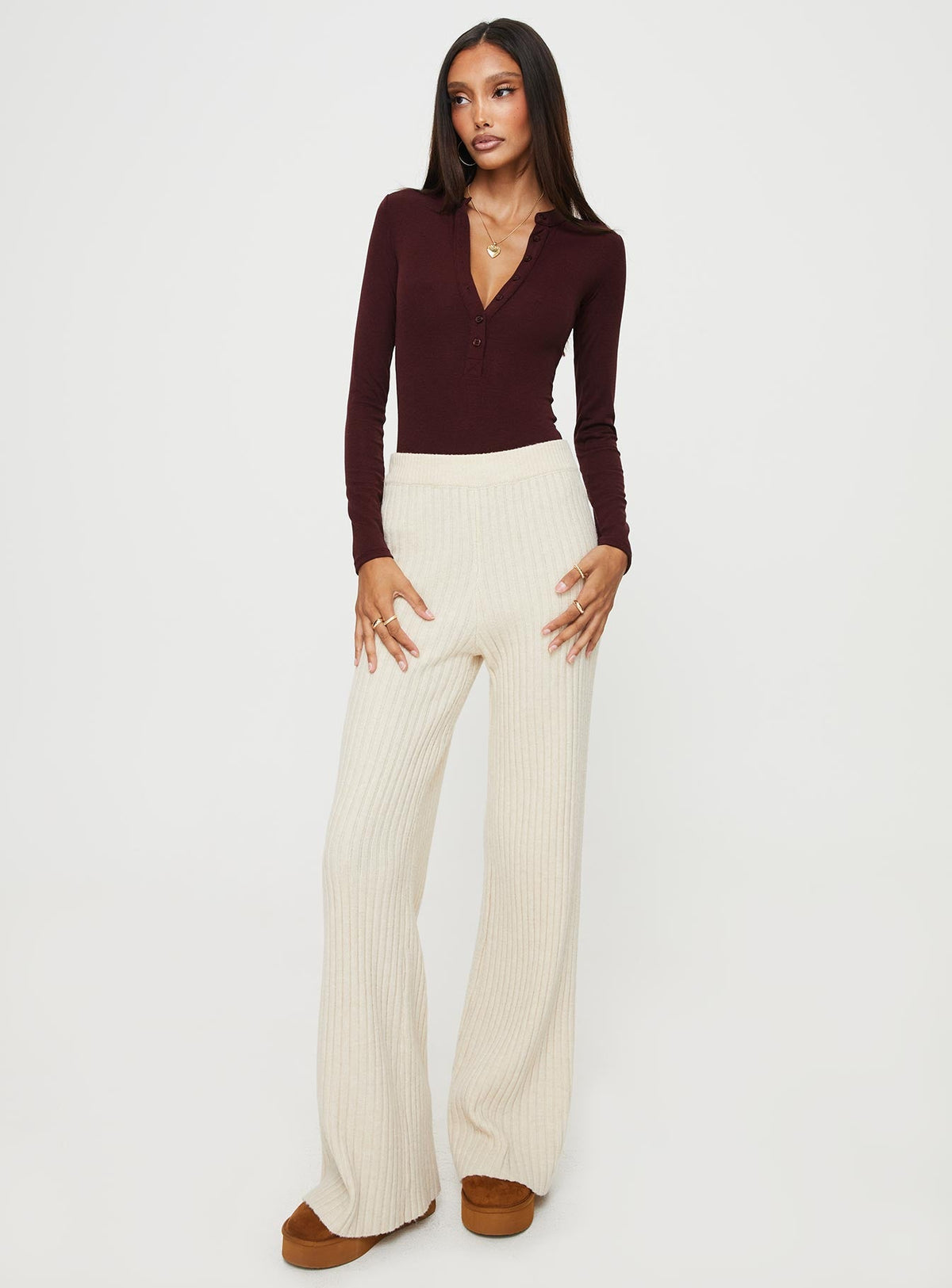 side view of model wearing Princess Polly Kandis Long Sleeve Bodysuit Burgundy Long Sleeve Tops 