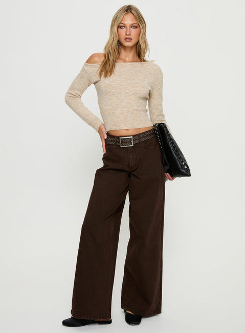 side view of model wearing Princess Polly Naylor Mid Rise Wide Leg Jeans Brown Mid Rise Jeans 