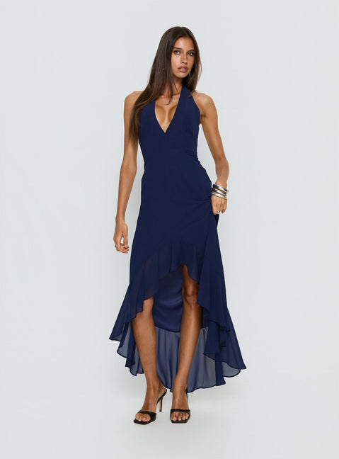 Agata Halter Neck Maxikleid mit Rüschen Navy