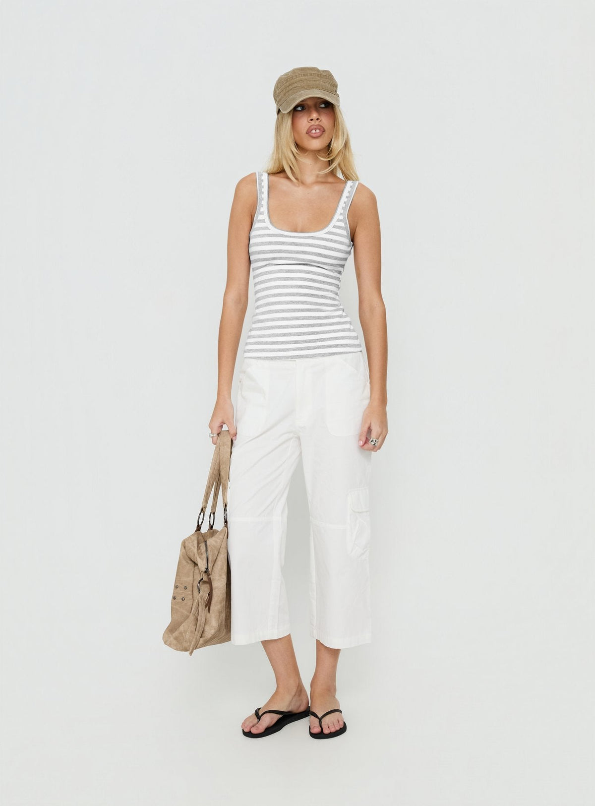Keep It Light Low Back Vest Top Weiß / Grau gestreift