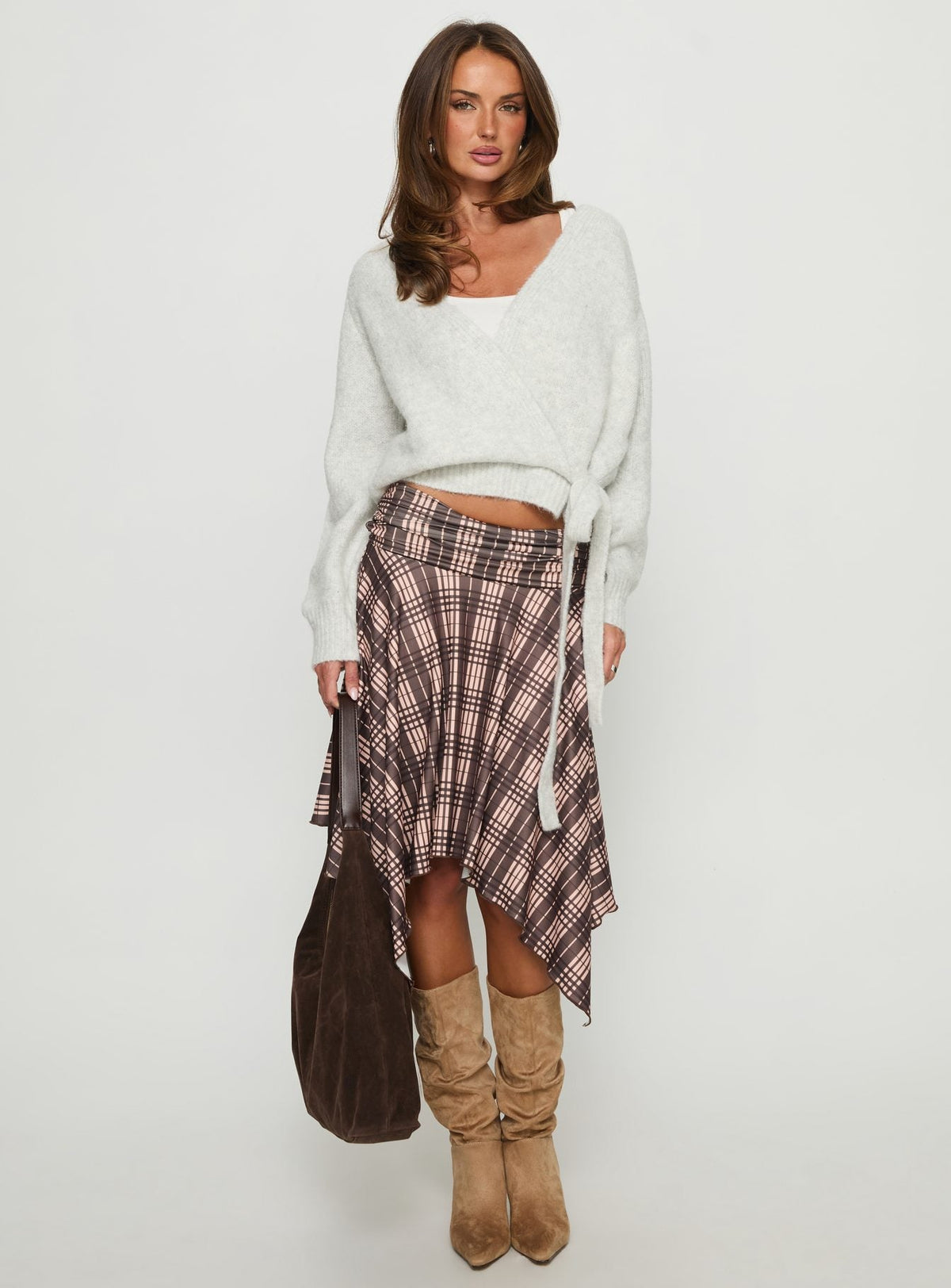 side view of model wearing Princess Polly Daelan Wrap Knit Cardigan Grey Marle Cropped Jumpers Jumpers 