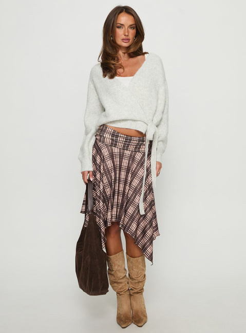 side view of model wearing Princess Polly Daelan Wrap Knit Cardigan Grey Marle Cropped Jumpers Jumpers 