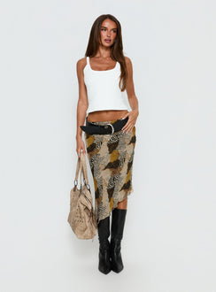 Showcasing the Suella Asymmetrical Midi Skirt Animal Multi in womens skirts with relaxed fit and wrap details front view of model wearing Princess Polly