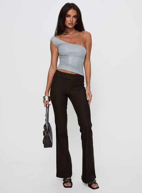front view of model wearing Princess Polly Kinkirk Flared Pants Chocolate Tall Low Rise Pants 