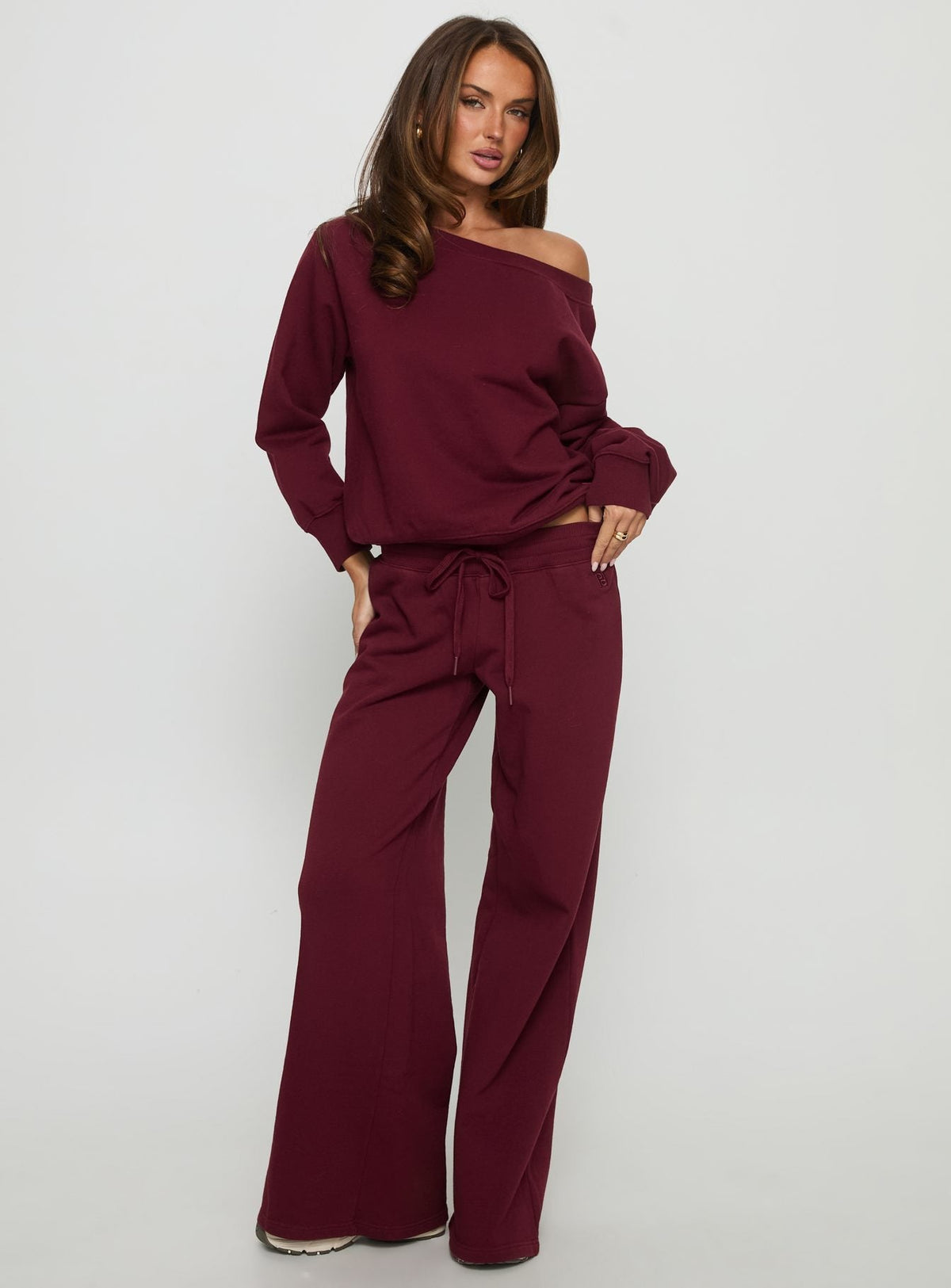 front view of model wearing Princess Polly Wellness Off the Shoulder Jumper Currant 