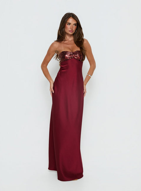 See The Vision Pailletten Bust Trägerloses Maxikleid Bordeauxrote