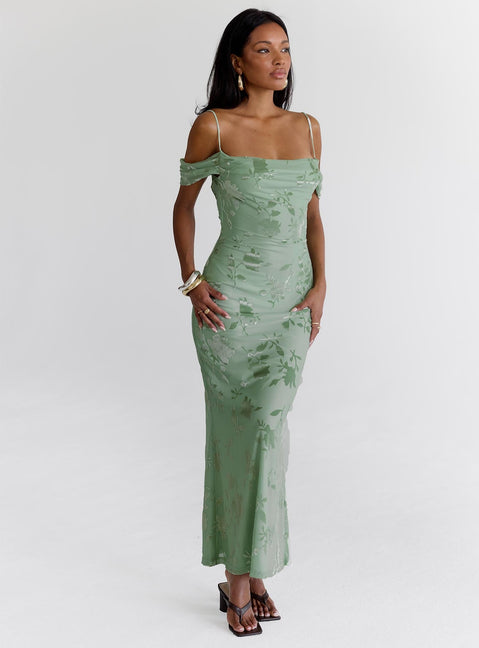 front view of model wearing Princess Polly Green Gables Burnout Maxi Dress Sage Square Neck 