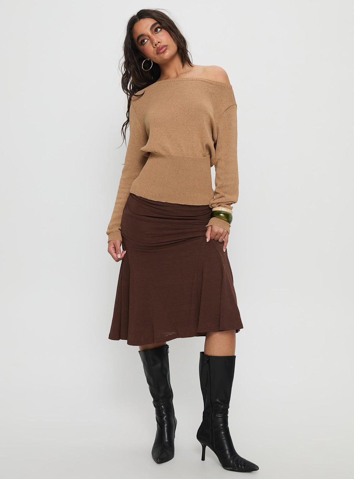 back view of model wearing Princess Polly Xaria Off Shoulder Knit Sweater Tan 
