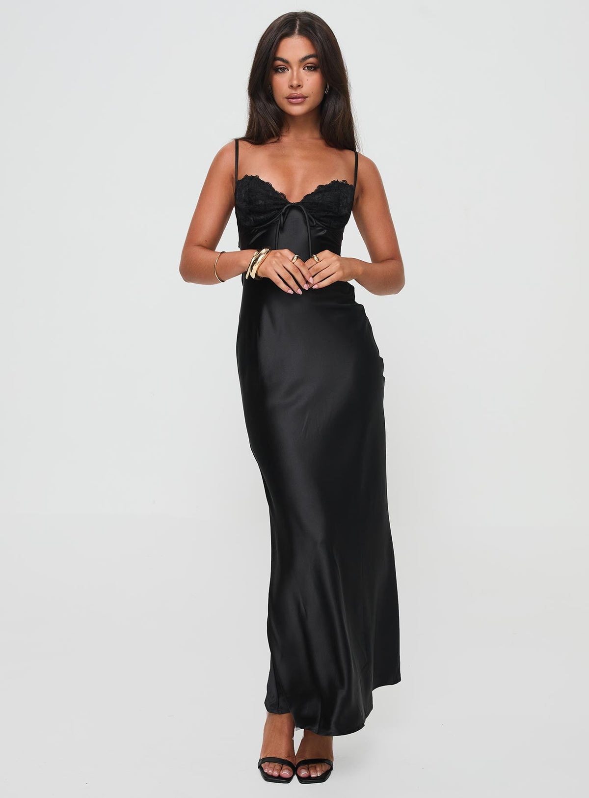 front view of model wearing Princess Polly Fadyen Bias Cut Maxi Dress Black Sweetheart Neckline 