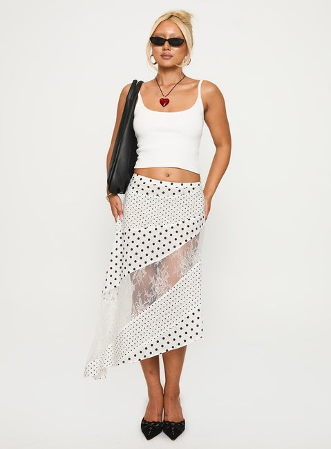   front view of model wearing Princess Polly Rennar Maxi Skirt White / Polka Dot Midi Skirts 