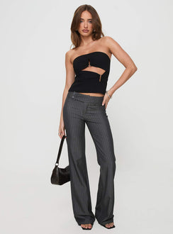 front view of model wearing Princess Polly Kinkirk Flared Pants Grey Pinstripe Petite 