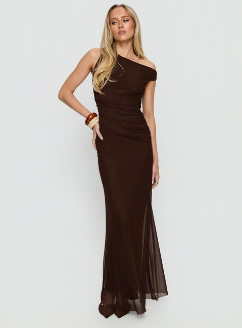 Krystyna Off-Shoulder Maxikleid mit Raffung Schokobraun
