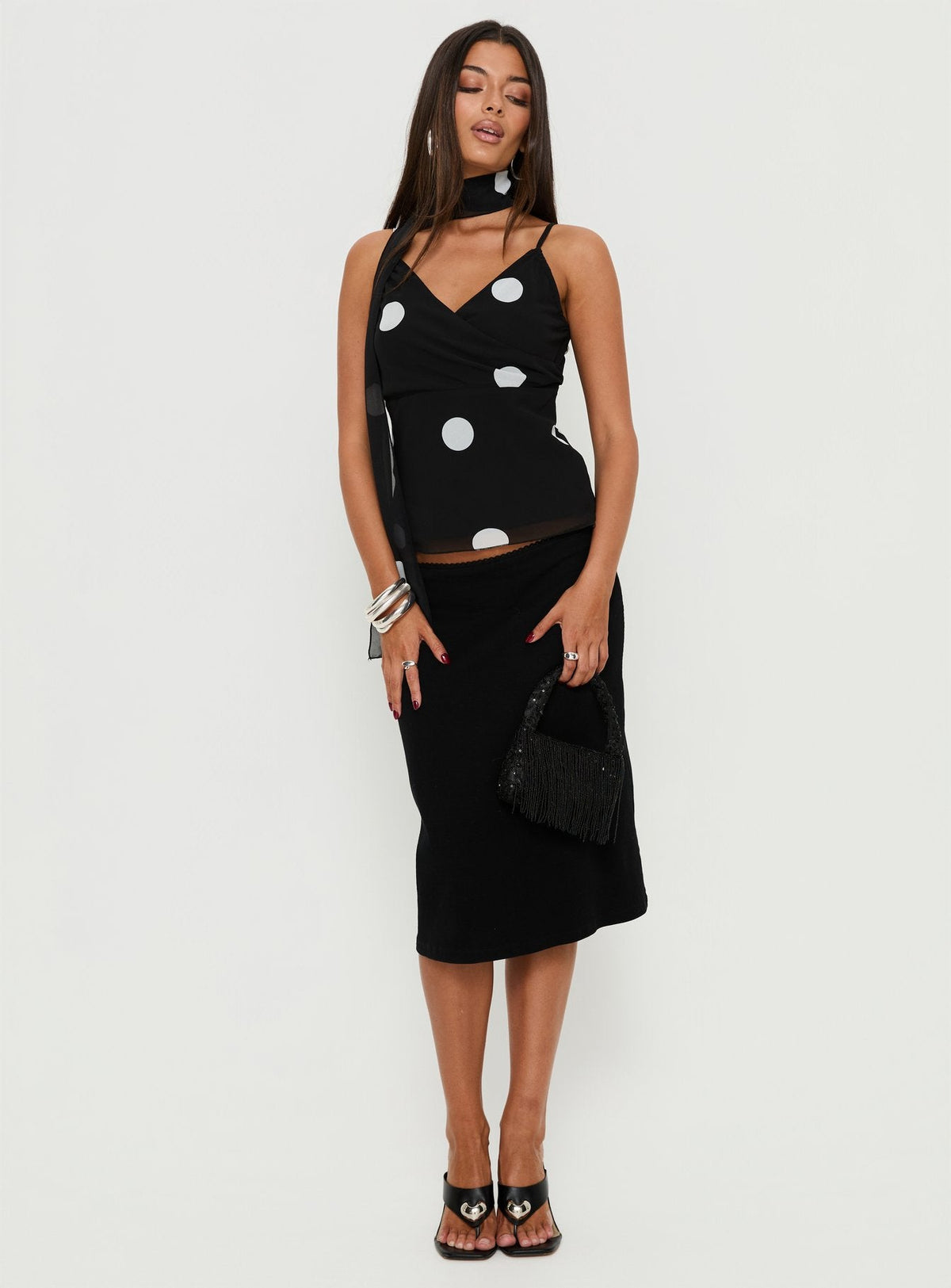 Jenae Schal Detail Cami Top Schwarz / Weiß Polka