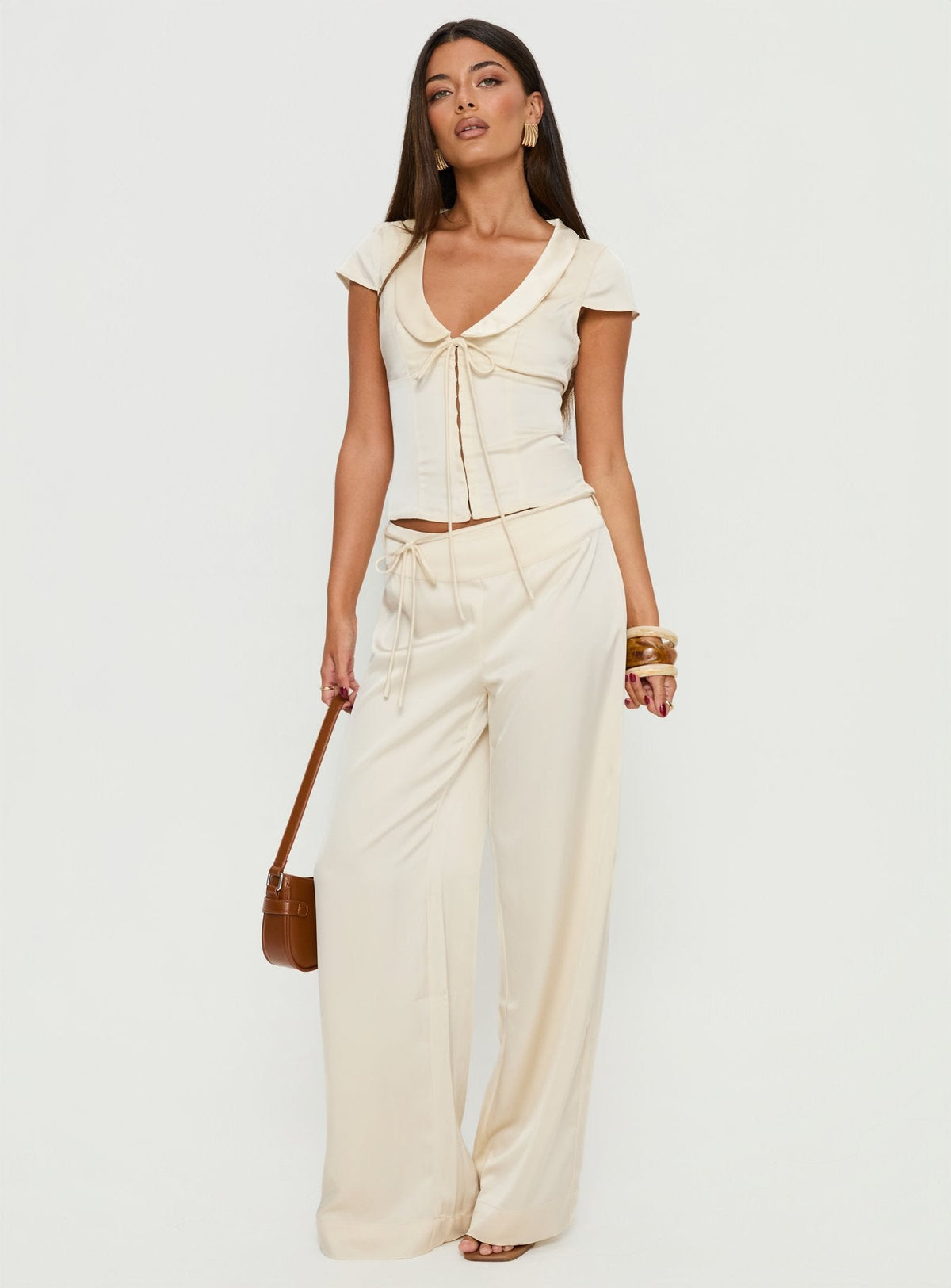 front view of model wearing Princess Polly Aubrette Satin Tie Pants Cream High Rise Pants 