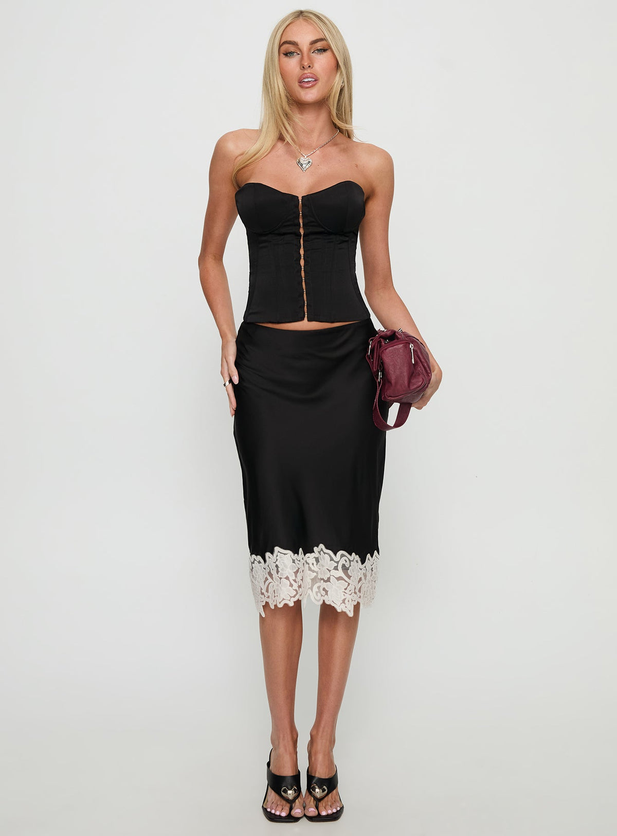   front view of model wearing Princess Polly Anchored Midi Skirt Noir Midi Skirts 