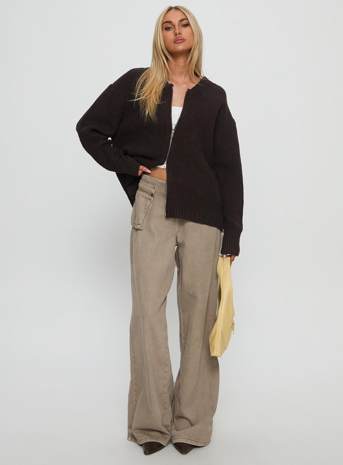 front view of model wearing Princess Polly Lexene Zip Through Jumper Chocolate Longline Jumpers 