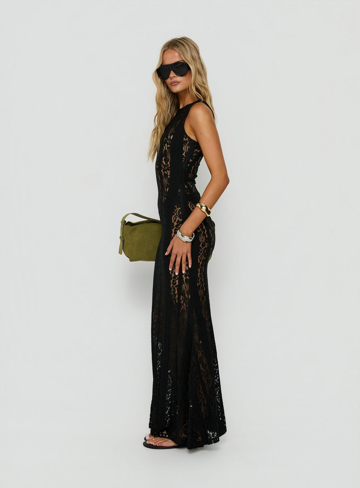 Laurenza Sheer-Spitzen-Maxikleid Schwarz