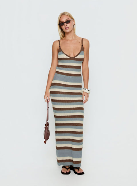 Leylana Scoop Strick Maxikleid Blau / Braun gestreift