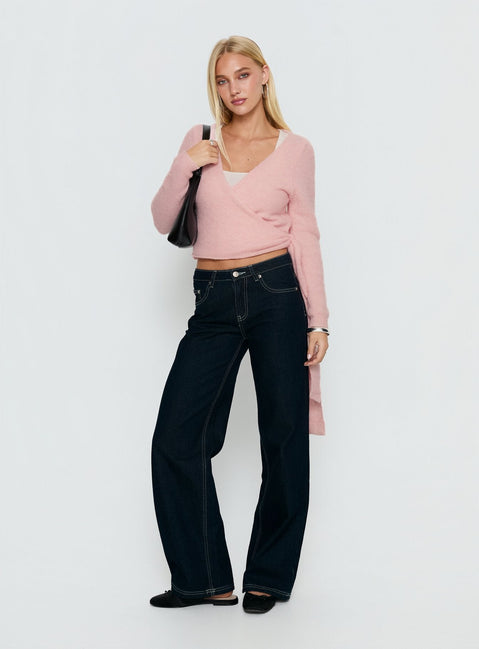 front view of model wearing Princess Polly Tonee Wrap Knit Cardigan Pink cropped Jumpers 