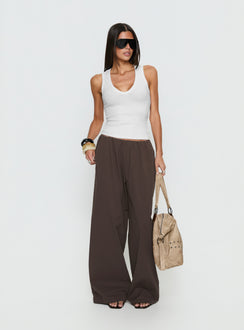 Featuring the Lunea Concealed Waistband Pants Brown in womens-regular-pants with mid-rise styling front view of model wearing Princess Polly