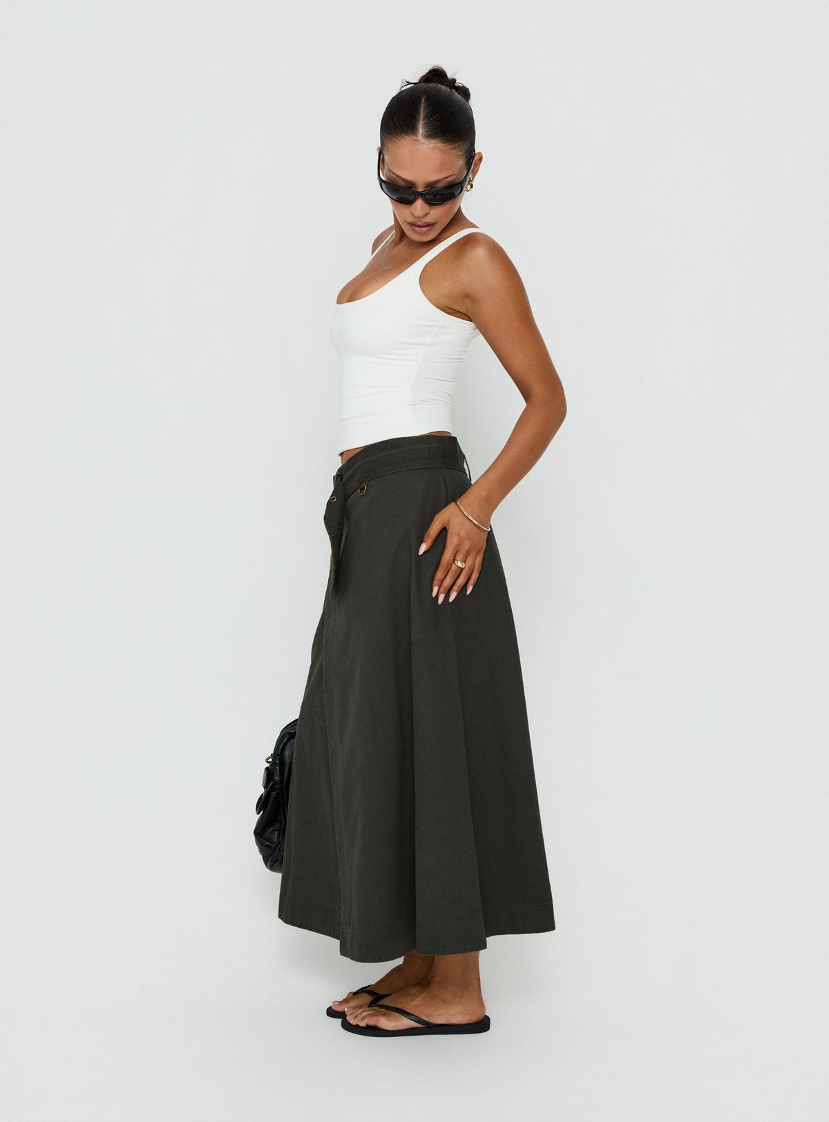 Styled True Visions Belted Maxi Skirt Charcoal womens-skirts in dark olive green maxi length Princess Polly