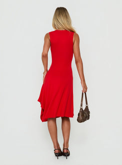 Louisia V-Ausschnitt Midi-Kleid mit Taschentuchsaum Rot
