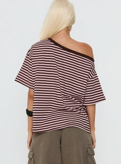 Settle Down One-Shoulder-Top Rosa/Schoko gestreift
