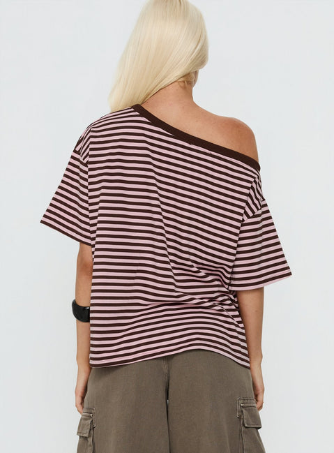 Settle Down One-Shoulder-Top Rosa/Schoko gestreift