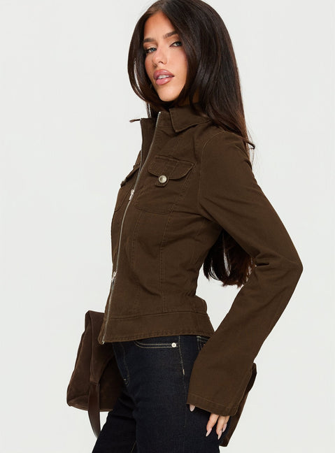 Kelehan Langarmjacke mit Reißverschluss vorne, Stonewashed-Braun