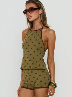 Speranza High-Neck-Neckholder-Top mit grünen Polka Dots