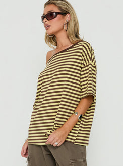 Settle Down One-Shoulder-Oberteil Gelb / Schokobraun gestreift
