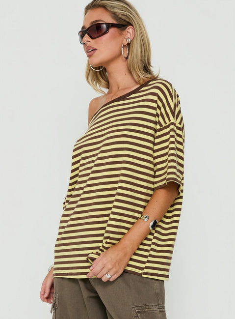 Settle Down One-Shoulder-Oberteil Gelb / Schokobraun gestreift