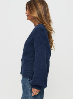 side view of model wearing Princess Polly Yasmyn Knit Cardigan Royal Blue Long 