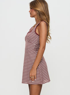 side view of model wearing Princess Polly Dasha Mini Dress Red Check Square Neck 