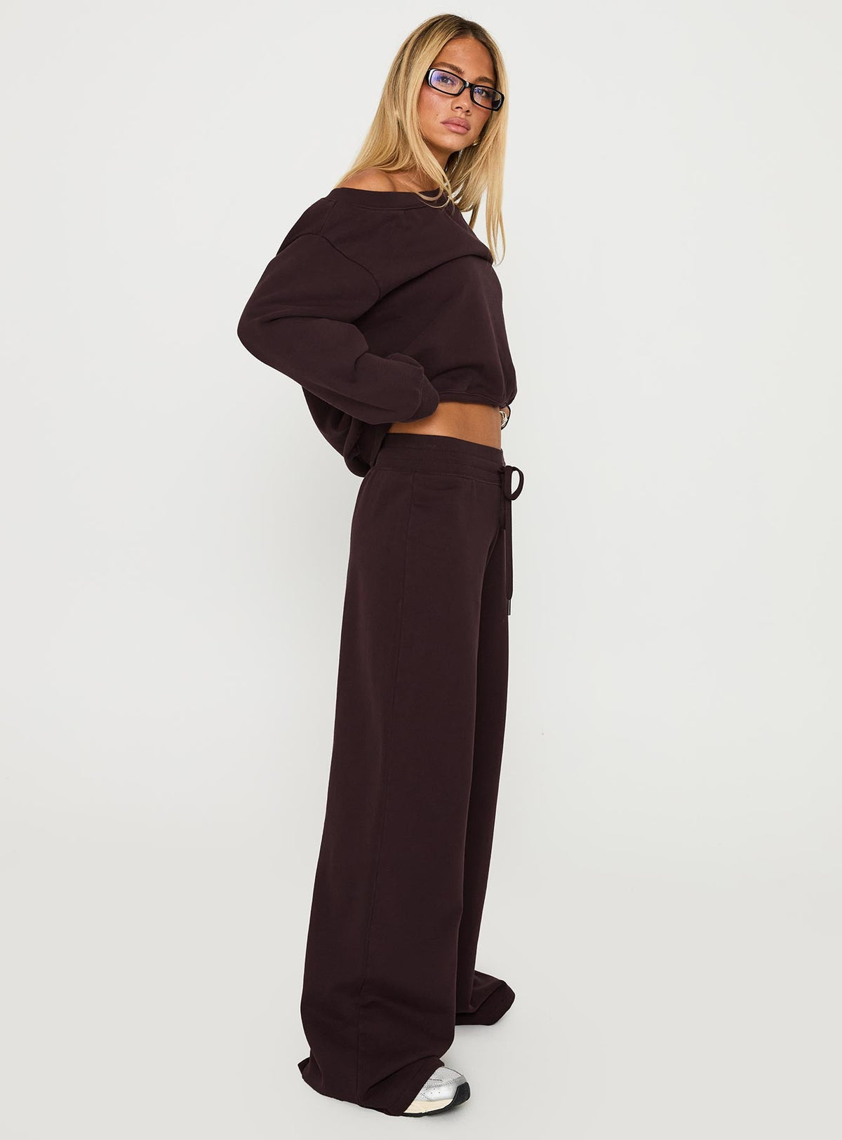 side view of model wearing Princess Polly Dodie Wide Leg Pants Washed Brown High Rise Pants 