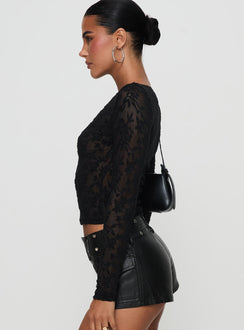 side view of model wearing Princess Polly Martine Sheer Top Black Full Sleeves High Neck 