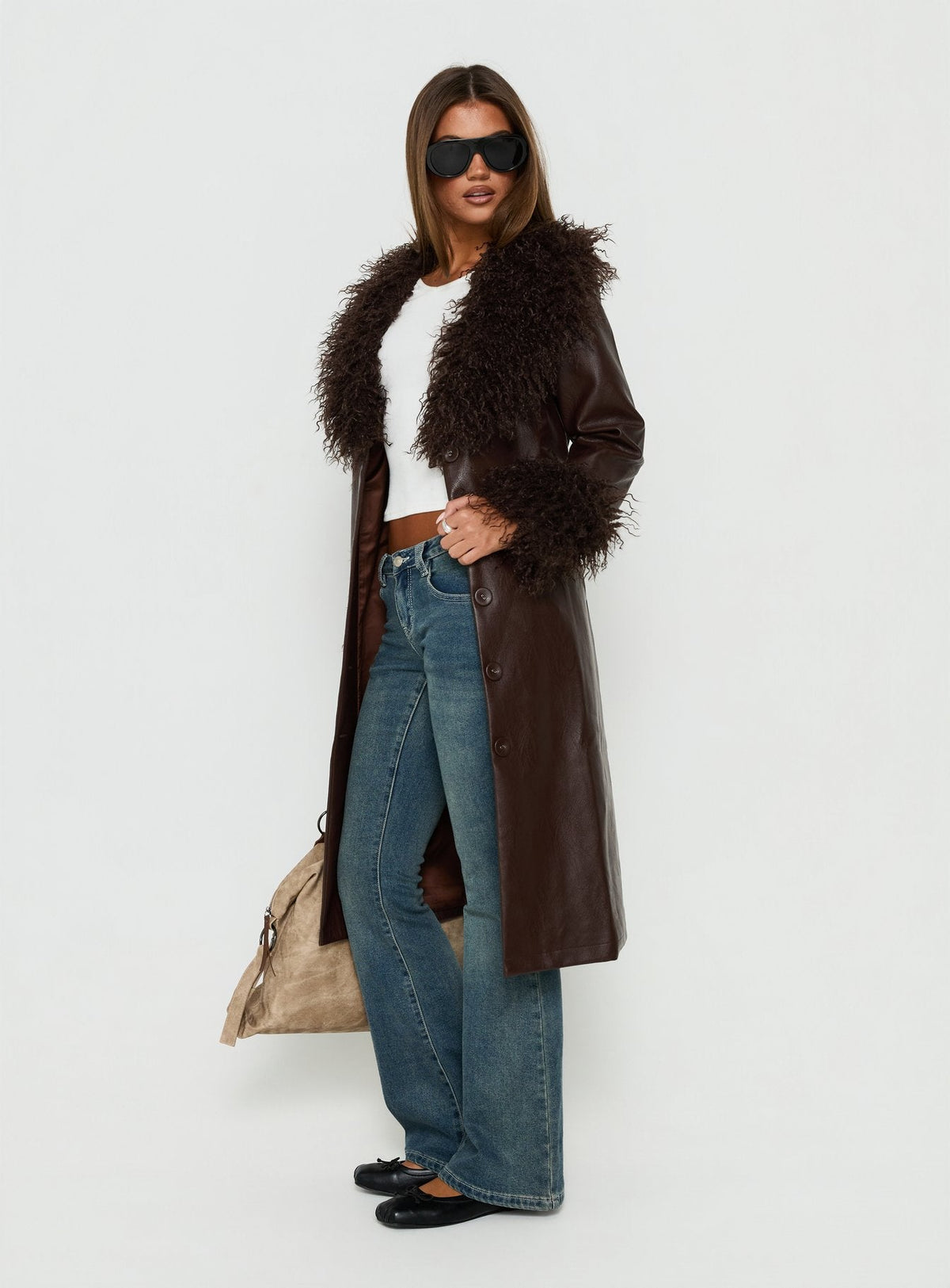 Adeliah Faux Fur Longline Jacket Brown