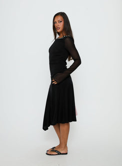   side view of model wearing Princess Polly Joaney Tie Side Jersey Midi Skirt Black Midi Skirts Skirts 