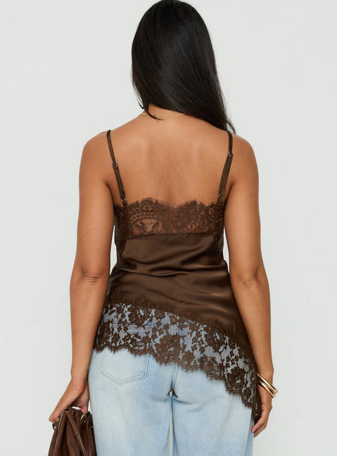 Cleosa asymmetrisches Satin-Top mit Spitzenbesatz, Schokobraun